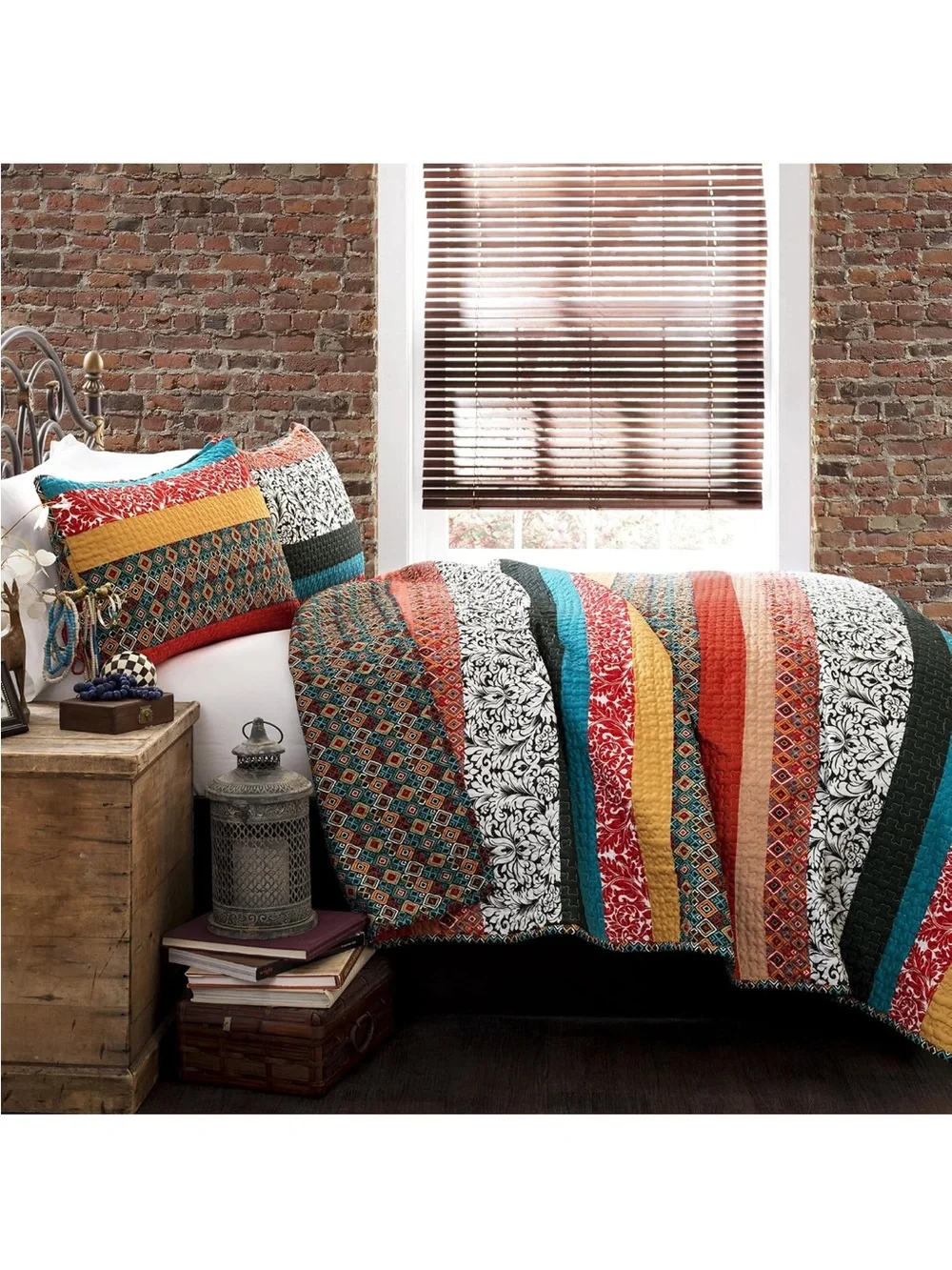 Lush Decor Boho Stripe Reversible Cotton Quilt Set - Bold Colorful Bohemian Bed